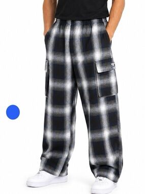 FB County Checker Cargo Pants Plaid Blue Gray Men’s Size Large Elastic Waist